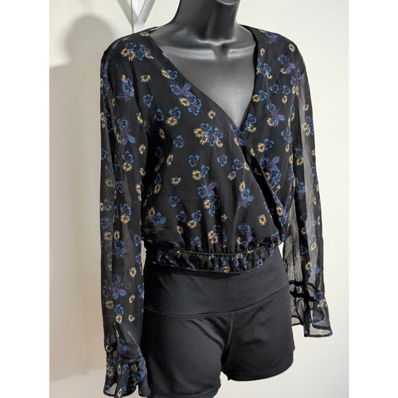 Xhilaration Sheer Floral Top Surplice Wrap Cropped Ruffled Blouse Small - Picture 2 of 6